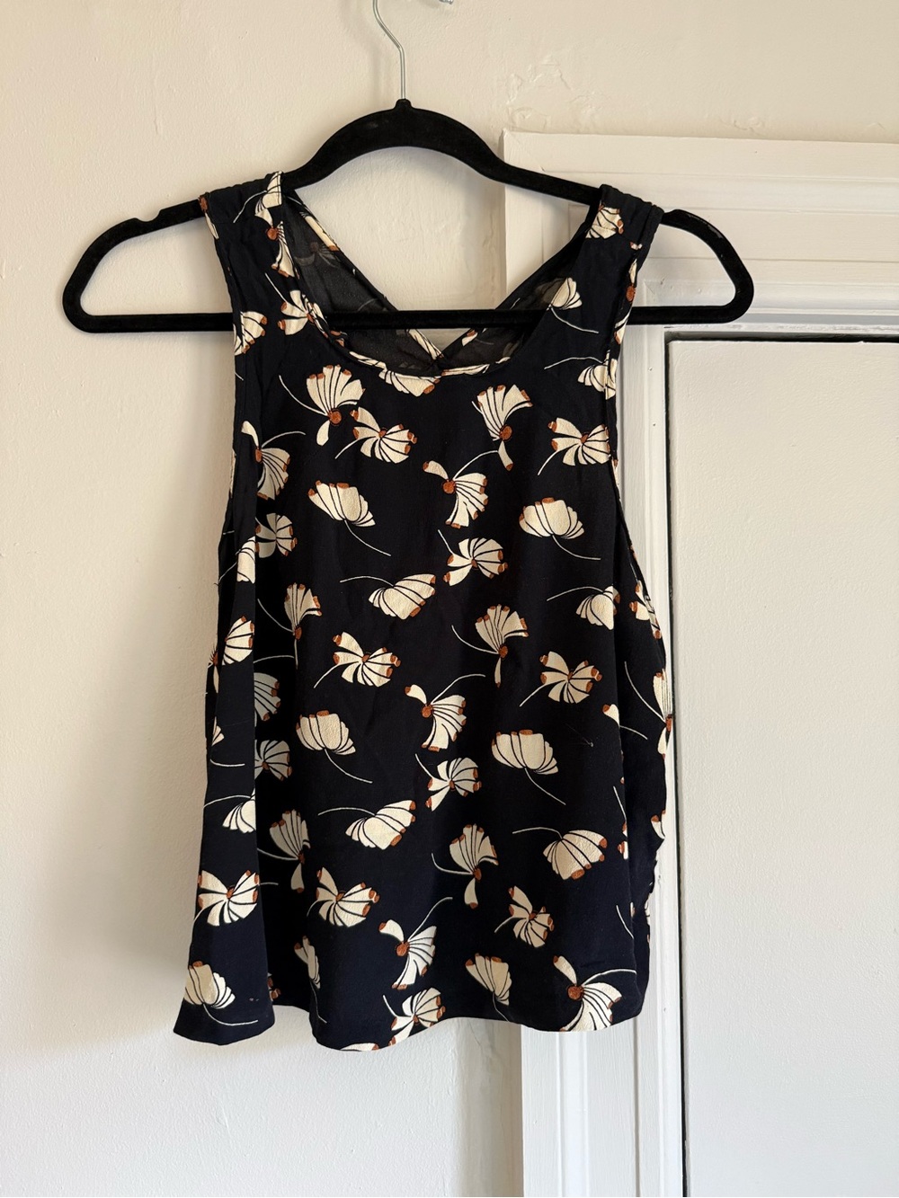 Zara Black Tank Top with Cream Floral Print and Tan Accents
